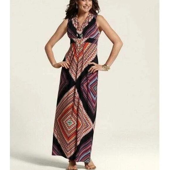 2/$30 Chico's 0 Small Womens Multicolor Jasmina Diamond Empire Waist Maxi Dress - Picture 1 of 9